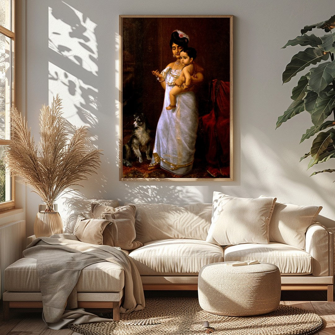 This exquisite artwork captures a timeless moment of maternal devotion and regality. The warm tones for Sitting Area