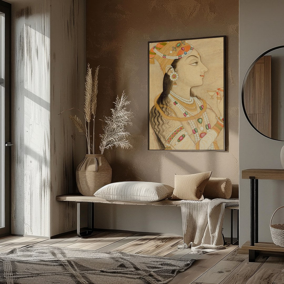 This exquisite artwork captures the elegance and grandeur of Mughal royalty. The intricately for interior