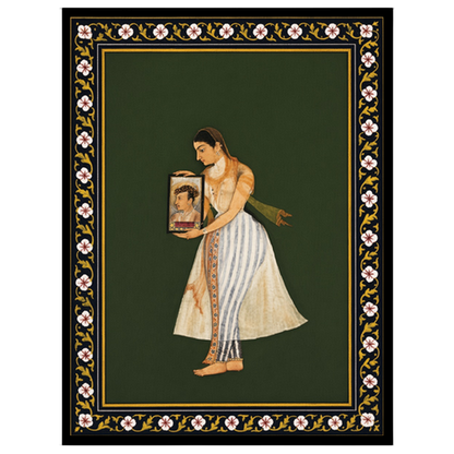 Discover the elegance and grace of Mughal artistry in this exquisite depiction of Nur Jahan holding for abode