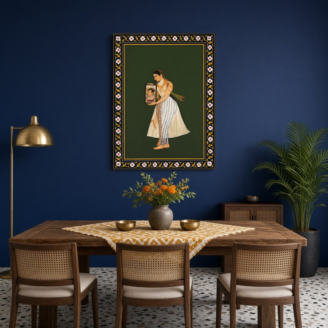 Discover the elegance and grace of Mughal artistry in this exquisite depiction of Nur Jahan holding for Dining