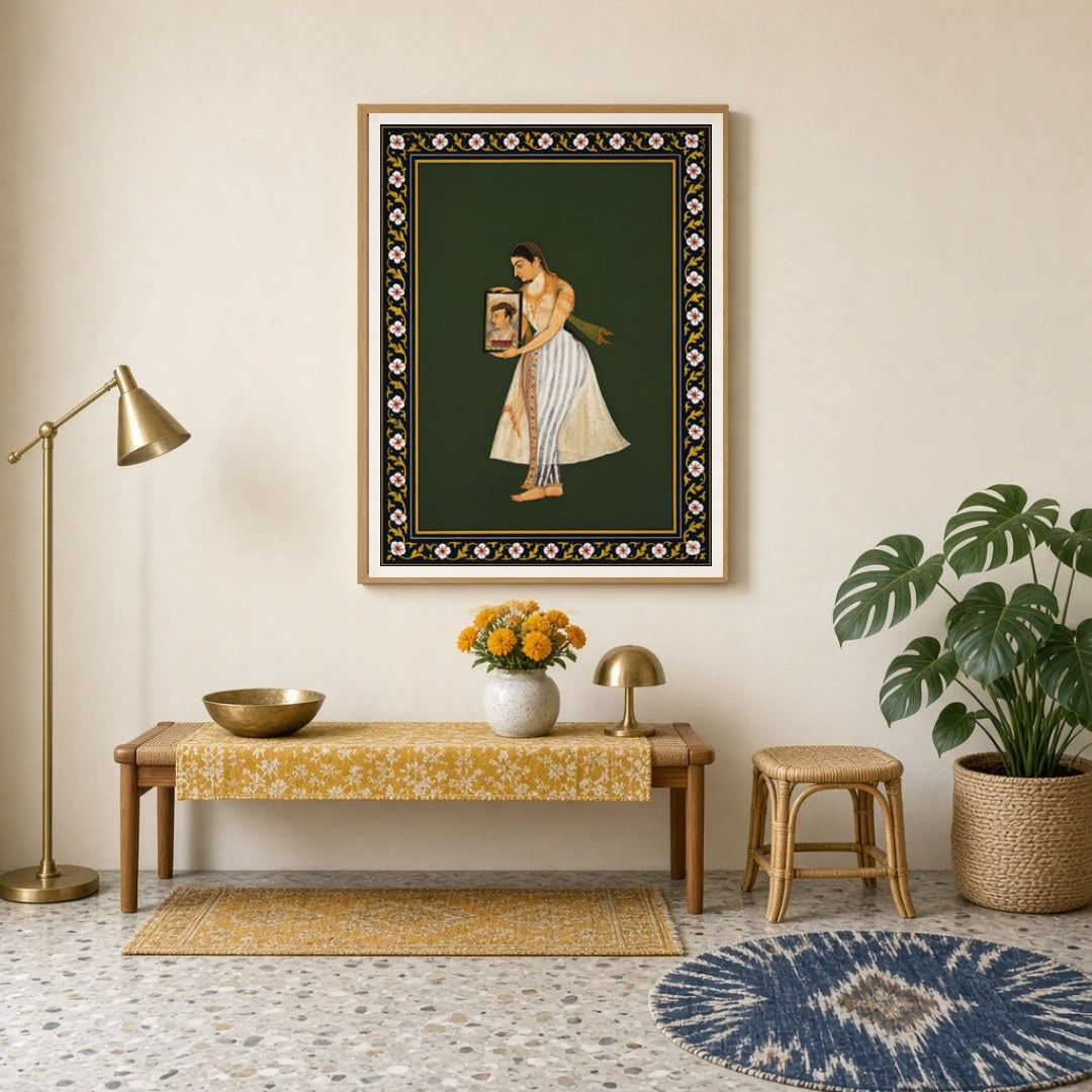 Discover the elegance and grace of Mughal artistry in this exquisite depiction of Nur Jahan holding for Entrance