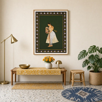 Discover the elegance and grace of Mughal artistry in this exquisite depiction of Nur Jahan holding for Entrance