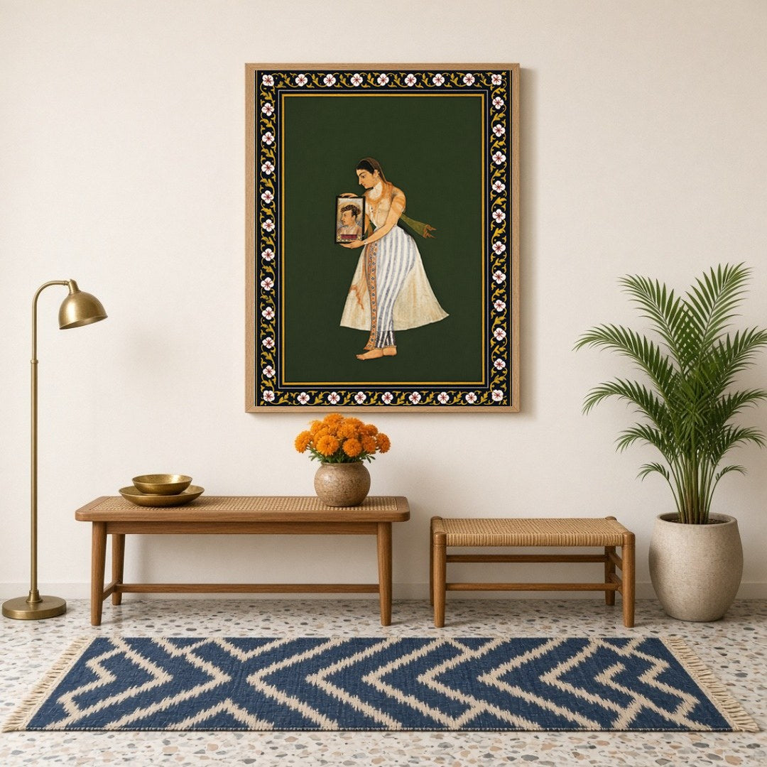 Discover the elegance and grace of Mughal artistry in this exquisite depiction of Nur Jahan holding for Hallway