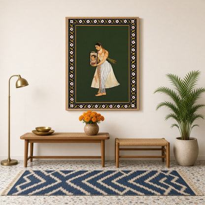 Discover the elegance and grace of Mughal artistry in this exquisite depiction of Nur Jahan holding for Hallway