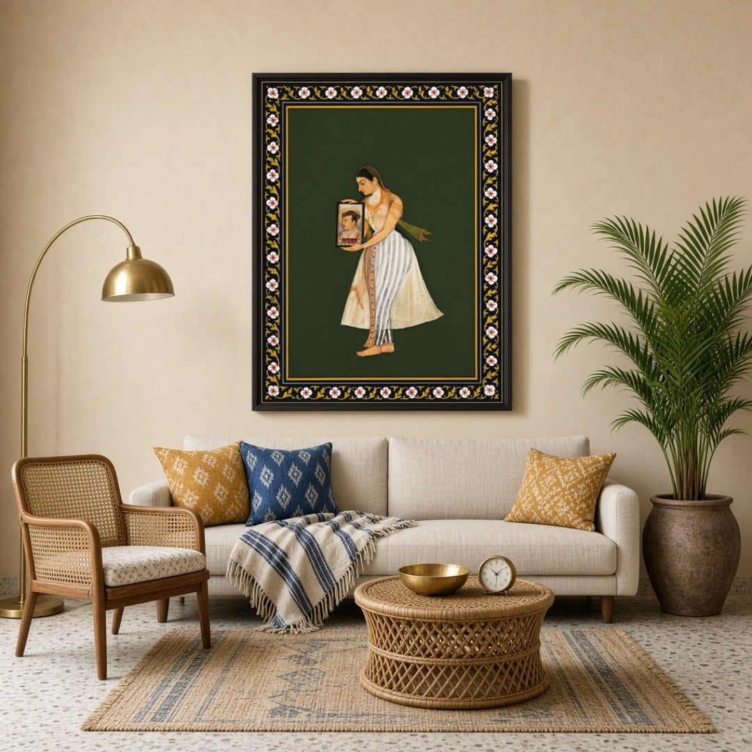 Discover the elegance and grace of Mughal artistry in this exquisite depiction of Nur Jahan holding for Living Room