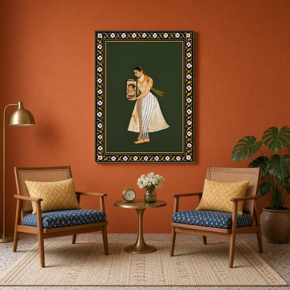 Discover the elegance and grace of Mughal artistry in this exquisite depiction of Nur Jahan holding for Sitting Area