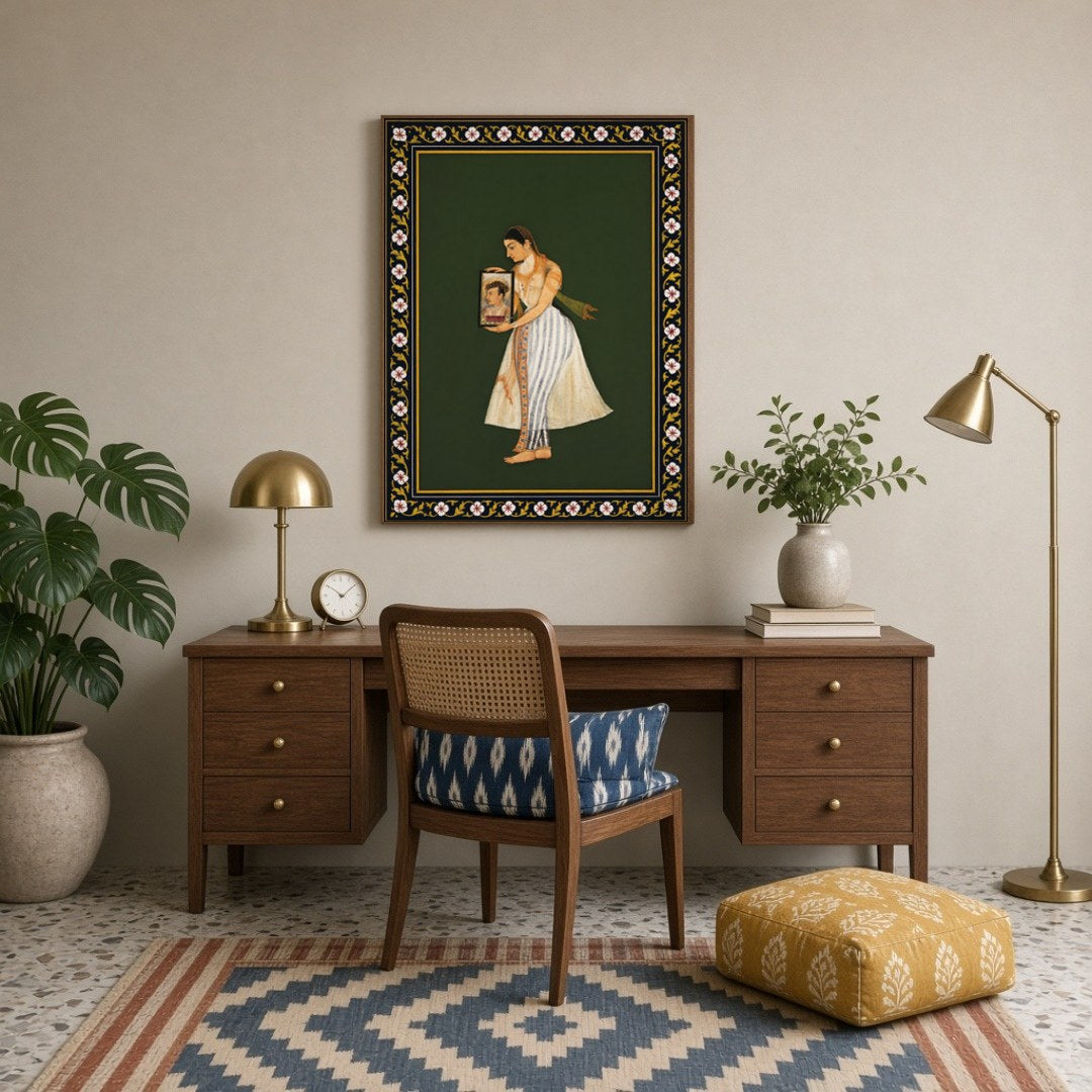 Discover the elegance and grace of Mughal artistry in this exquisite depiction of Nur Jahan holding for Study