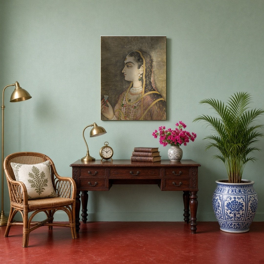 Immerse yourself in the elegance of the Mughal era with this exquisite wall art, featuring a regal for Study