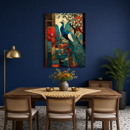 This captivating Pichwai art print captures the majestic beauty of a peacock surrounded by vibrant for Dining