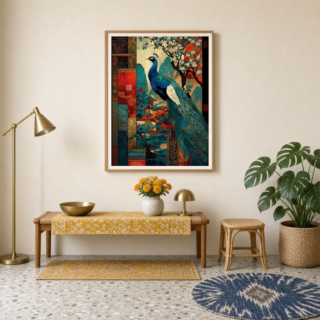 This captivating Pichwai art print captures the majestic beauty of a peacock surrounded by vibrant for Entrance