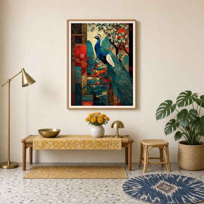 This captivating Pichwai art print captures the majestic beauty of a peacock surrounded by vibrant for Entrance