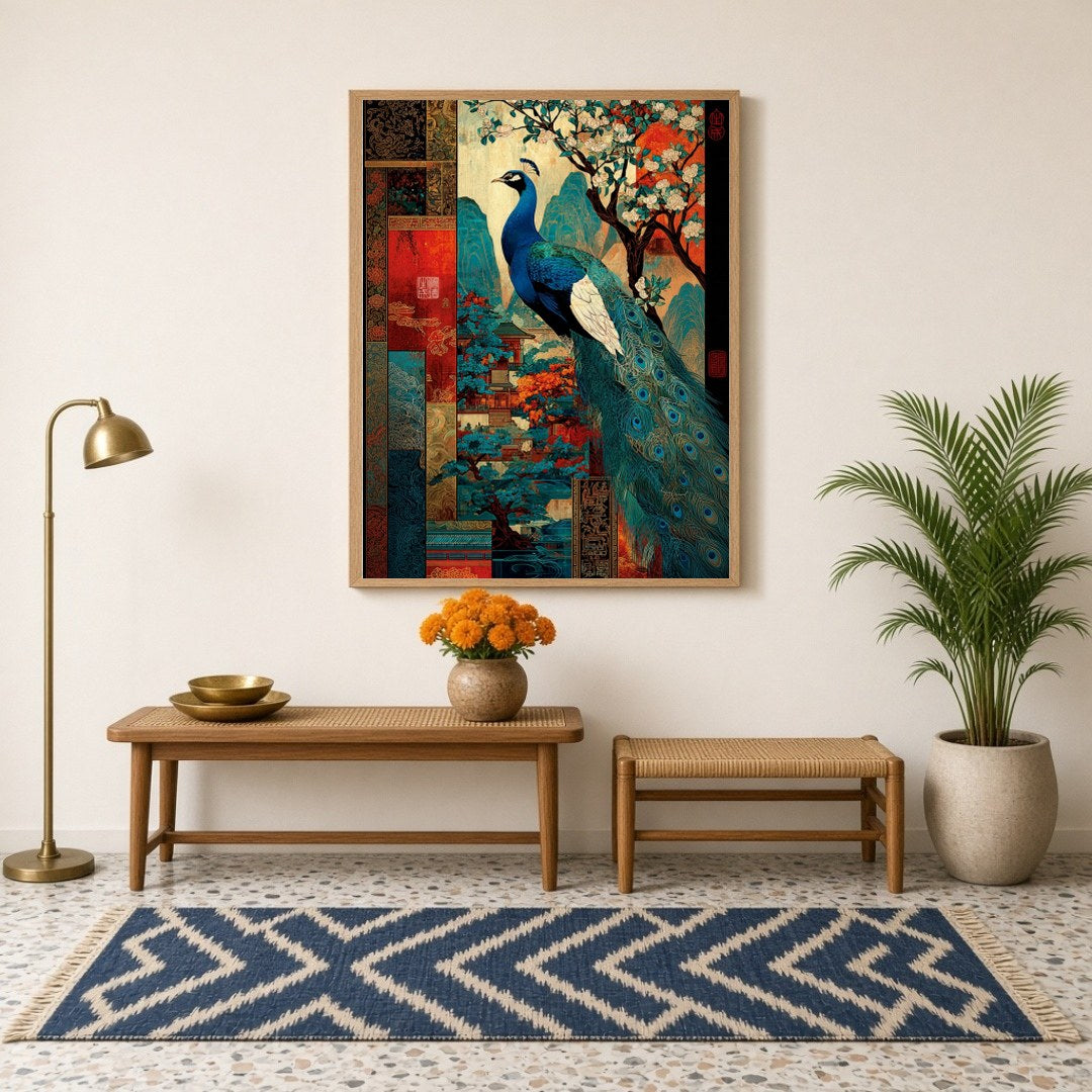 This captivating Pichwai art print captures the majestic beauty of a peacock surrounded by vibrant for Hallway