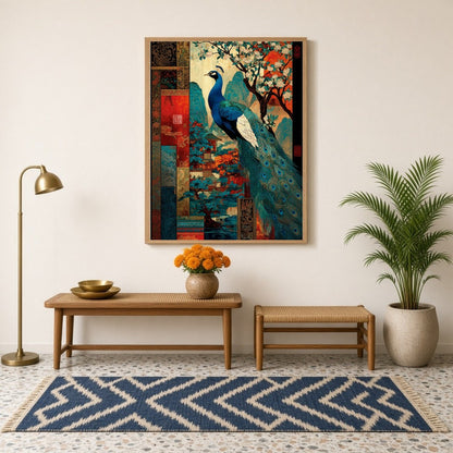 This captivating Pichwai art print captures the majestic beauty of a peacock surrounded by vibrant for Hallway