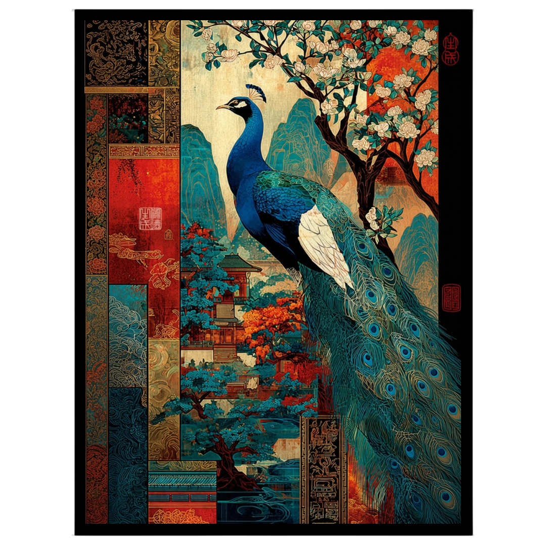 This captivating Pichwai art print captures the majestic beauty of a peacock surrounded by vibrant for house