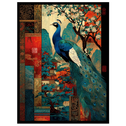 This captivating Pichwai art print captures the majestic beauty of a peacock surrounded by vibrant for house