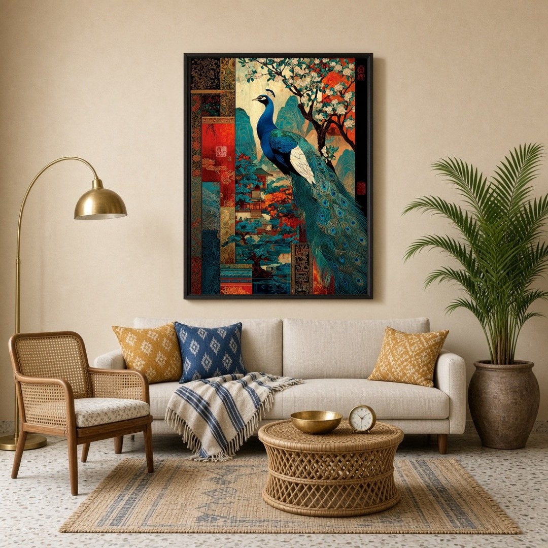 This captivating Pichwai art print captures the majestic beauty of a peacock surrounded by vibrant for Living Room