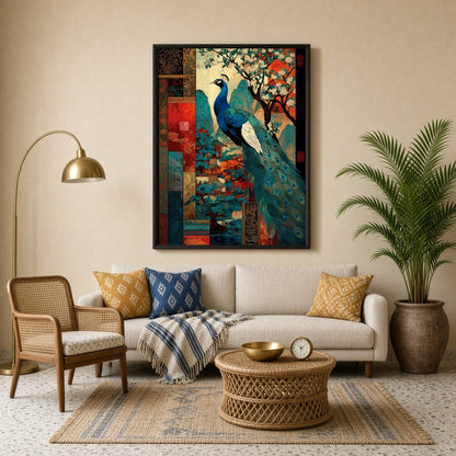 This captivating Pichwai art print captures the majestic beauty of a peacock surrounded by vibrant for Living Room