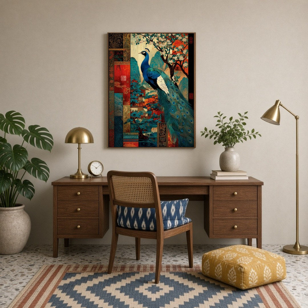 This captivating Pichwai art print captures the majestic beauty of a peacock surrounded by vibrant for Study