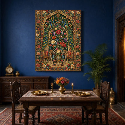 Immerse yourself in the opulent beauty of this Pichwai art print, where regal peacocks and majestic for Dining