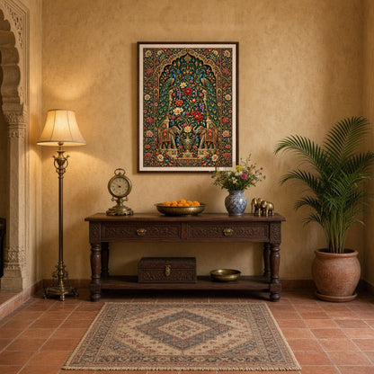 Immerse yourself in the opulent beauty of this Pichwai art print, where regal peacocks and majestic for Entrance