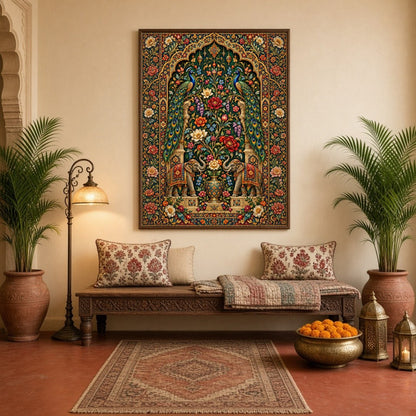 Immerse yourself in the opulent beauty of this Pichwai art print, where regal peacocks and majestic for Hallway