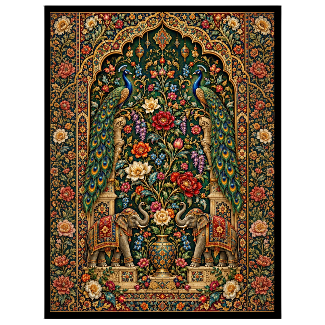 Immerse yourself in the opulent beauty of this Pichwai art print, where regal peacocks and majestic for residence