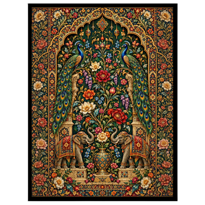 Immerse yourself in the opulent beauty of this Pichwai art print, where regal peacocks and majestic for residence