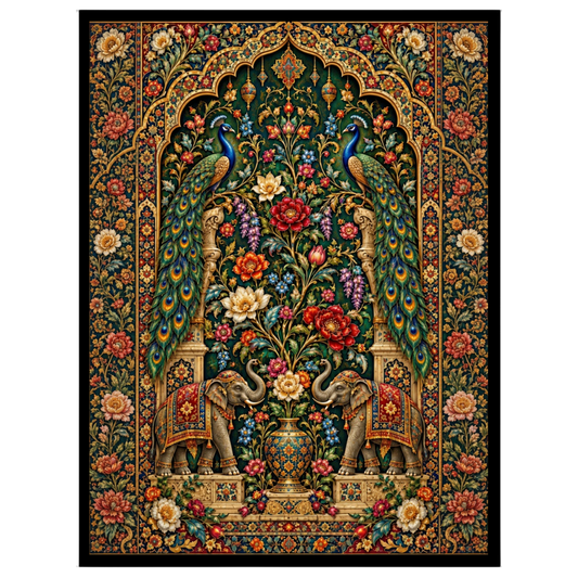 Immerse yourself in the opulent beauty of this Pichwai art print, where regal peacocks and majestic for residence