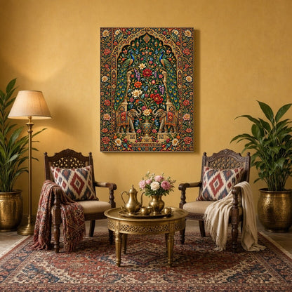 Immerse yourself in the opulent beauty of this Pichwai art print, where regal peacocks and majestic for Sitting Area