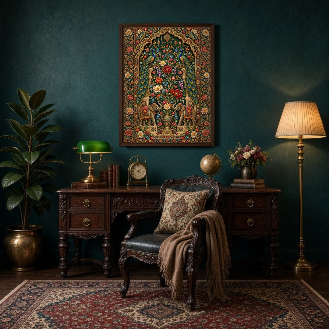 Immerse yourself in the opulent beauty of this Pichwai art print, where regal peacocks and majestic for Study