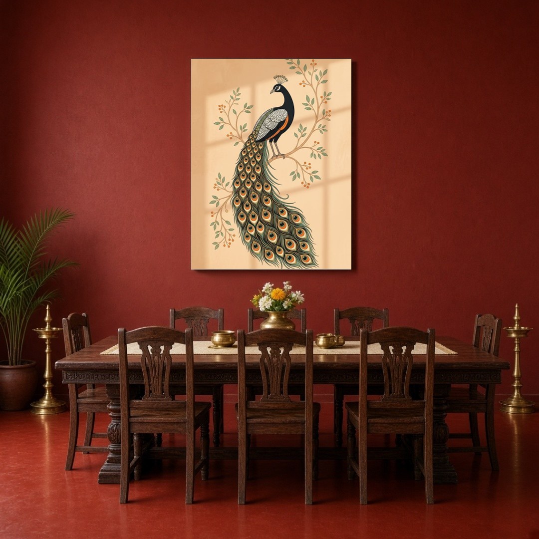 This exquisite Pichwai artwork captures the elegance of a majestic peacock perched on flourishing for Dining