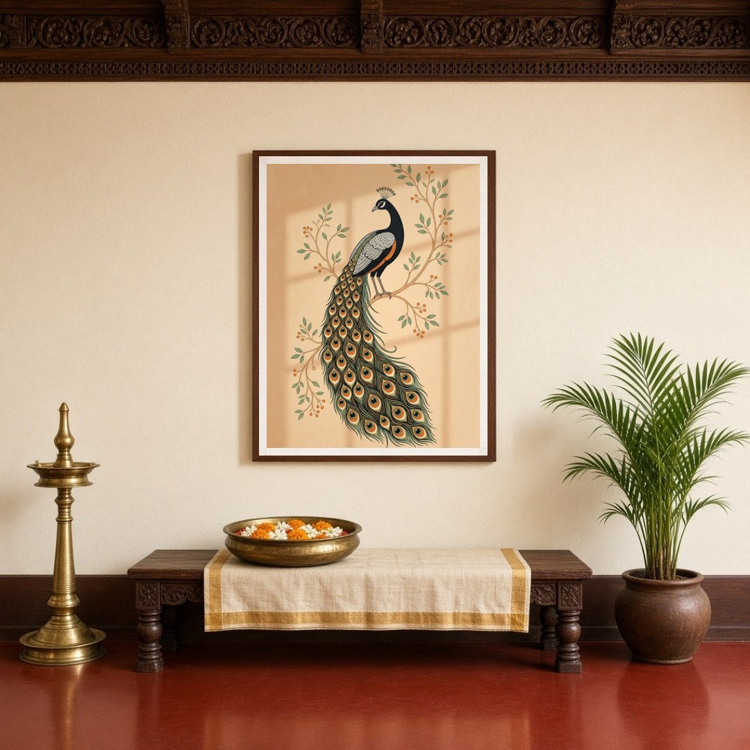 This exquisite Pichwai artwork captures the elegance of a majestic peacock perched on flourishing for Entrance