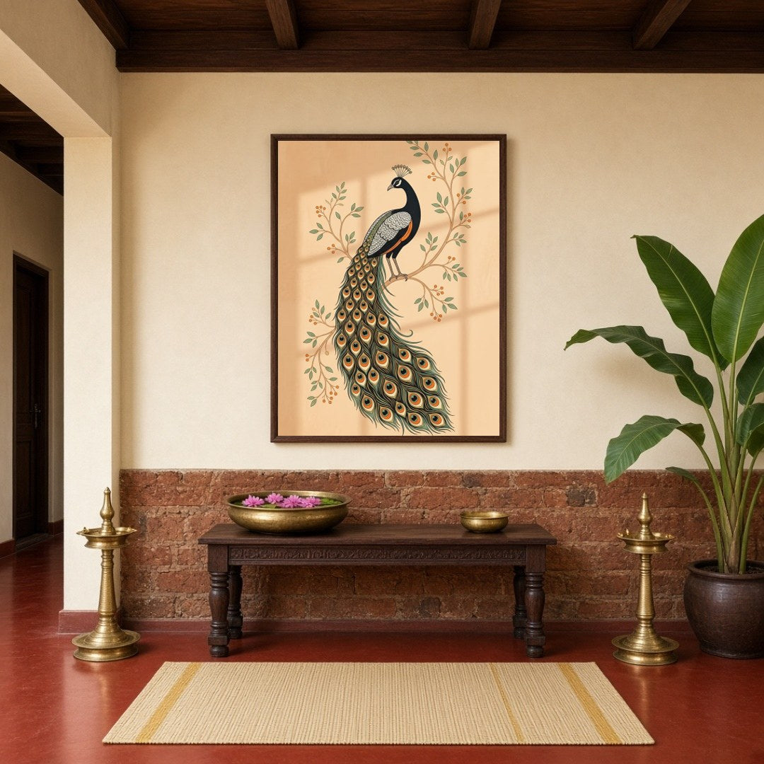 This exquisite Pichwai artwork captures the elegance of a majestic peacock perched on flourishing for Hallway