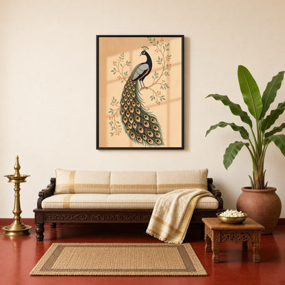 This exquisite Pichwai artwork captures the elegance of a majestic peacock perched on flourishing for Living Room