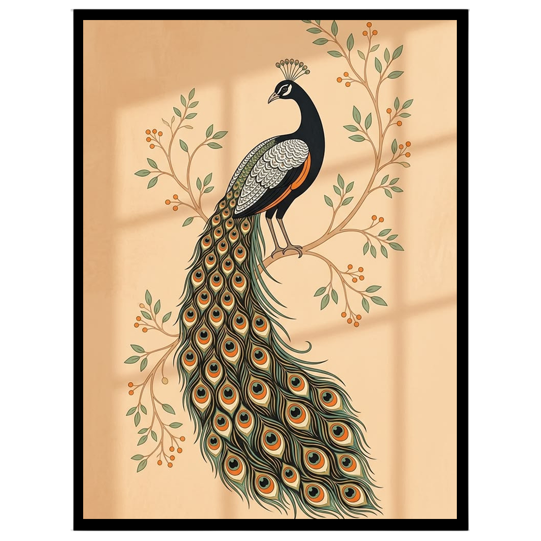 This exquisite Pichwai artwork captures the elegance of a majestic peacock perched on flourishing for nook