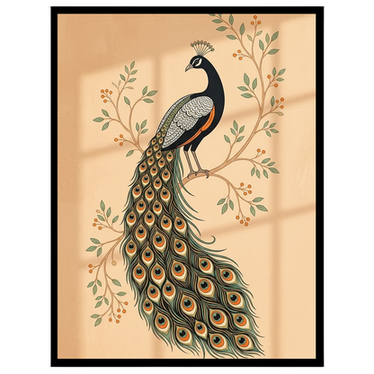 This exquisite Pichwai artwork captures the elegance of a majestic peacock perched on flourishing for nook