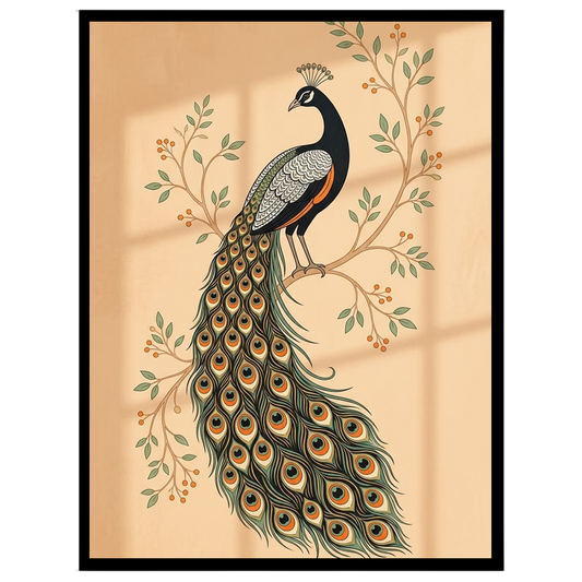 This exquisite Pichwai artwork captures the elegance of a majestic peacock perched on flourishing for nook