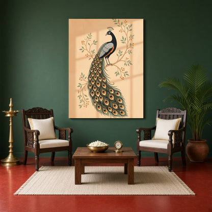 This exquisite Pichwai artwork captures the elegance of a majestic peacock perched on flourishing for Sitting Area