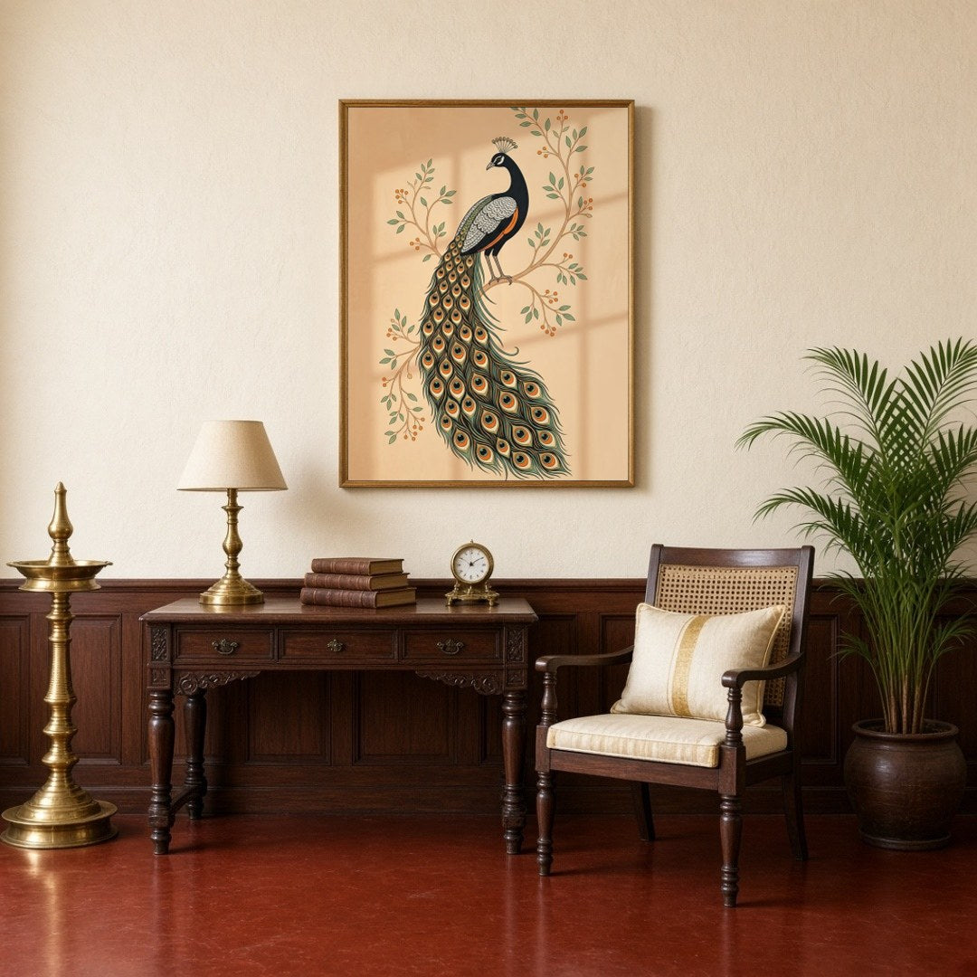 This exquisite Pichwai artwork captures the elegance of a majestic peacock perched on flourishing for Study