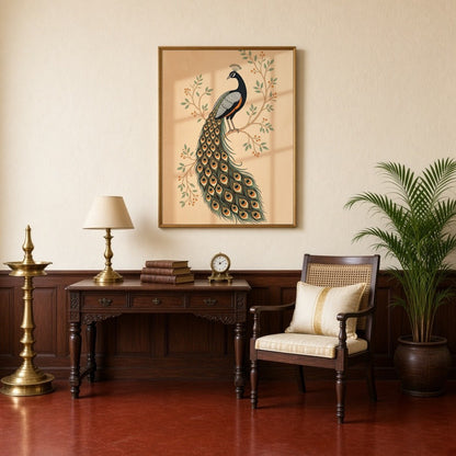 This exquisite Pichwai artwork captures the elegance of a majestic peacock perched on flourishing for Study