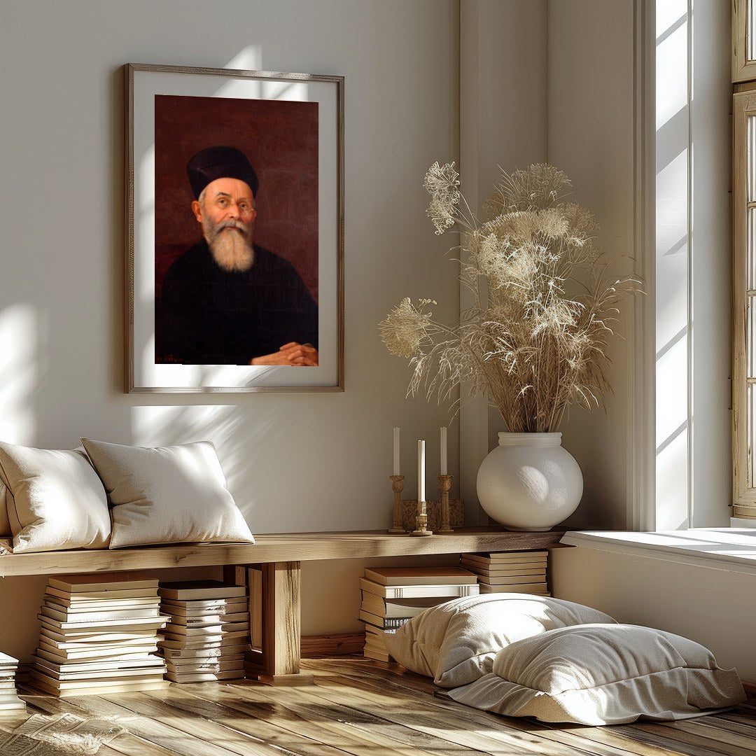 This captivating portrait features a dignified figure exuding a timeless presence. The rich, earthy for abode