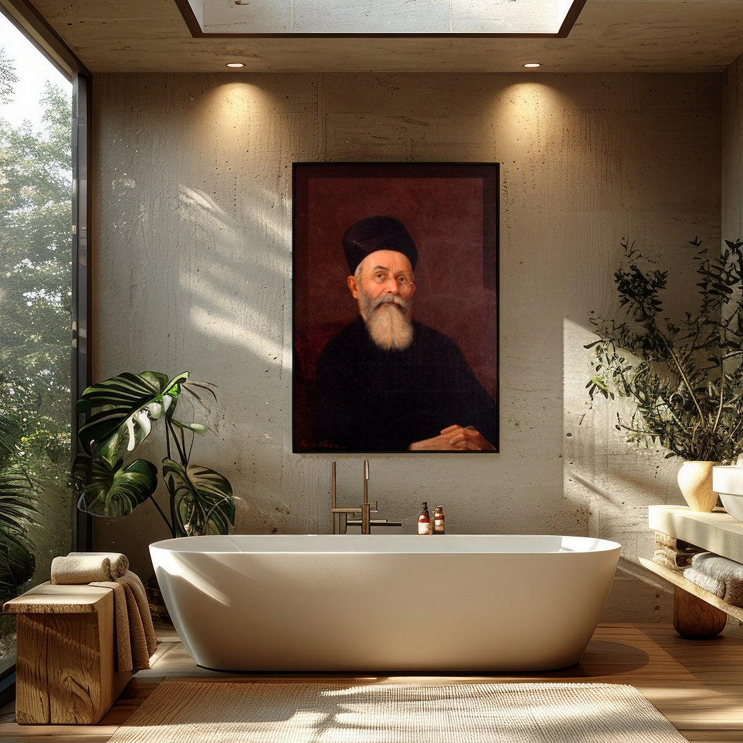 This captivating portrait features a dignified figure exuding a timeless presence. The rich, earthy for Bathroom
