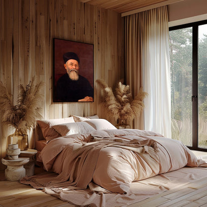 This captivating portrait features a dignified figure exuding a timeless presence. The rich, earthy for Bedroom