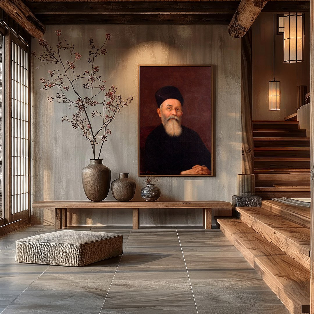 This captivating portrait features a dignified figure exuding a timeless presence. The rich, earthy for Hall