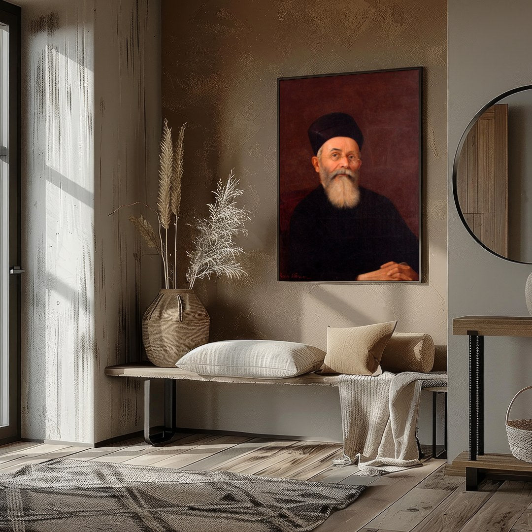 This captivating portrait features a dignified figure exuding a timeless presence. The rich, earthy for room