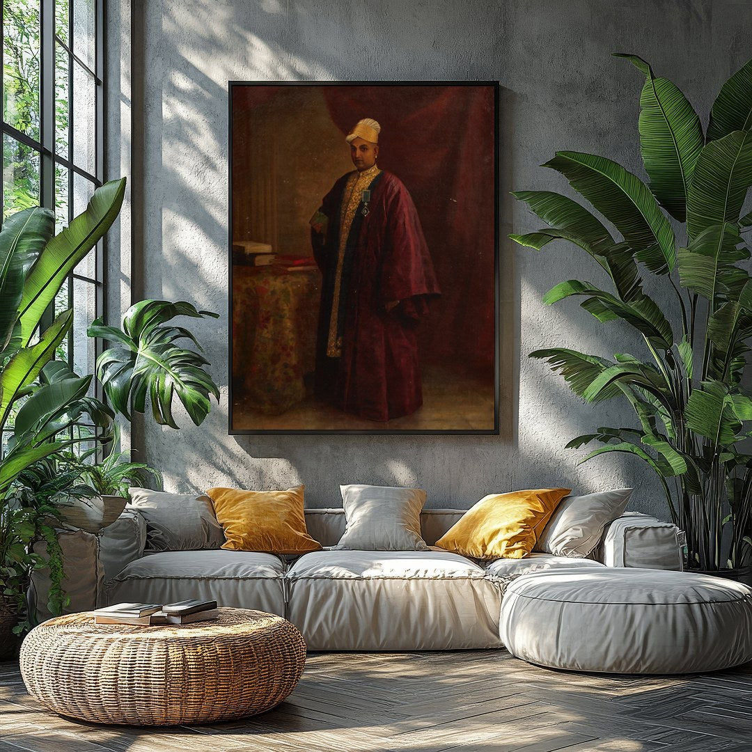 This exquisite portrait captures the regal presence of a nobleman, dressed in an opulent burgundy for Balcony
