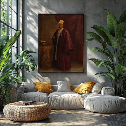 This exquisite portrait captures the regal presence of a nobleman, dressed in an opulent burgundy for Balcony
