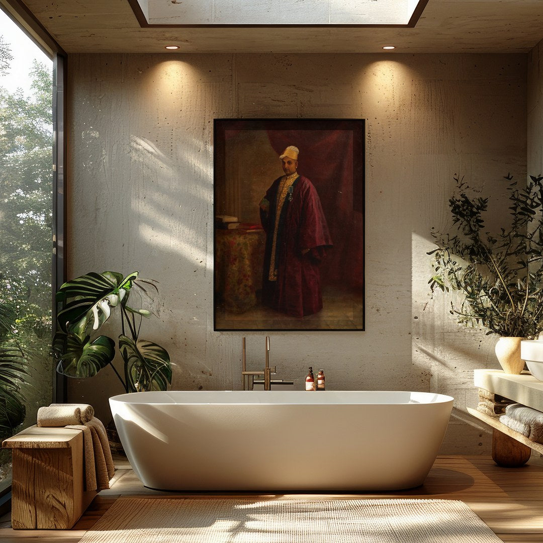 This exquisite portrait captures the regal presence of a nobleman, dressed in an opulent burgundy for Bathroom