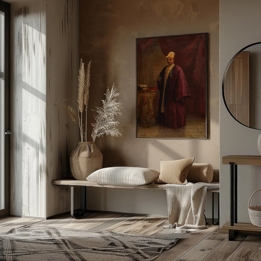 This exquisite portrait captures the regal presence of a nobleman, dressed in an opulent burgundy for decor