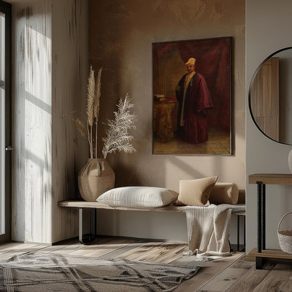 This exquisite portrait captures the regal presence of a nobleman, dressed in an opulent burgundy for decor